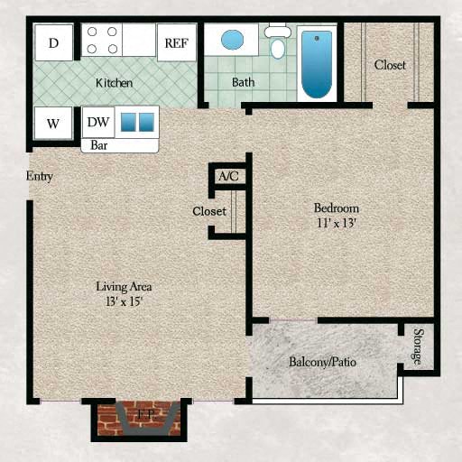 One bedroom, one bathroom with walk-in closet, coat closet, kitchen, wet bar, living area, and private patio or balcony  with storage space(558 sqft)